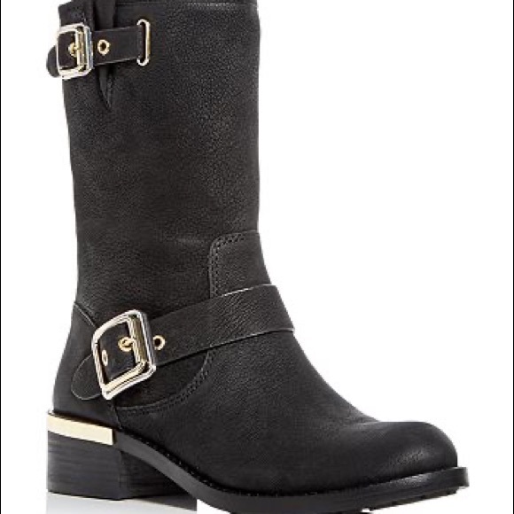 Vince Camuto Women's Windy Moto Bikers Black Leather Boot gold Hardware 7M - Picture 3 of 7